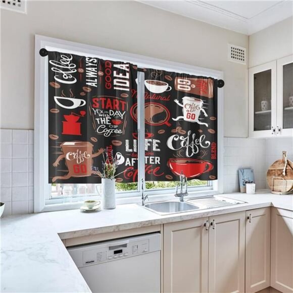 Coffee Kitchen Curtains Black Red Window Curtains Valance and Tier Set 36 Inch - Picture 3 of 7